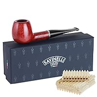 Savinelli Arcobaleno Red Tobacco Pipe + 100 6mm Balsa Pipe Filters - Italian Briar Wood Pipes For Tobacco, Hand Crafted Wooden Tobacco Pipes (207)
