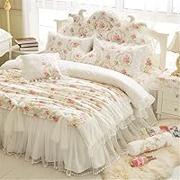 LELVA Girls Bedding Set Lace Ruffle Duvet Cover Sets with Bed Skirt Princess Bedding Set Vintage Floral Print Duvet Cover Twin Size 4 Piece (California King, White)