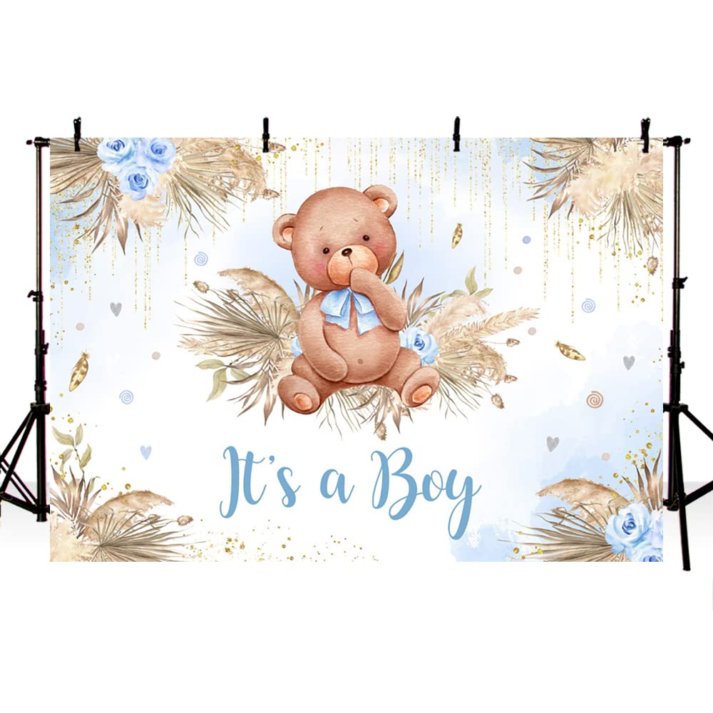 MEHOFOND Boho Bear Baby Shower Backdrop for Boy Baby Shower Party Decorations Bohemian Pampas Gass It's a Boy Baby Shower Photography Background Gold Glitter Dots Decor 10x7ft