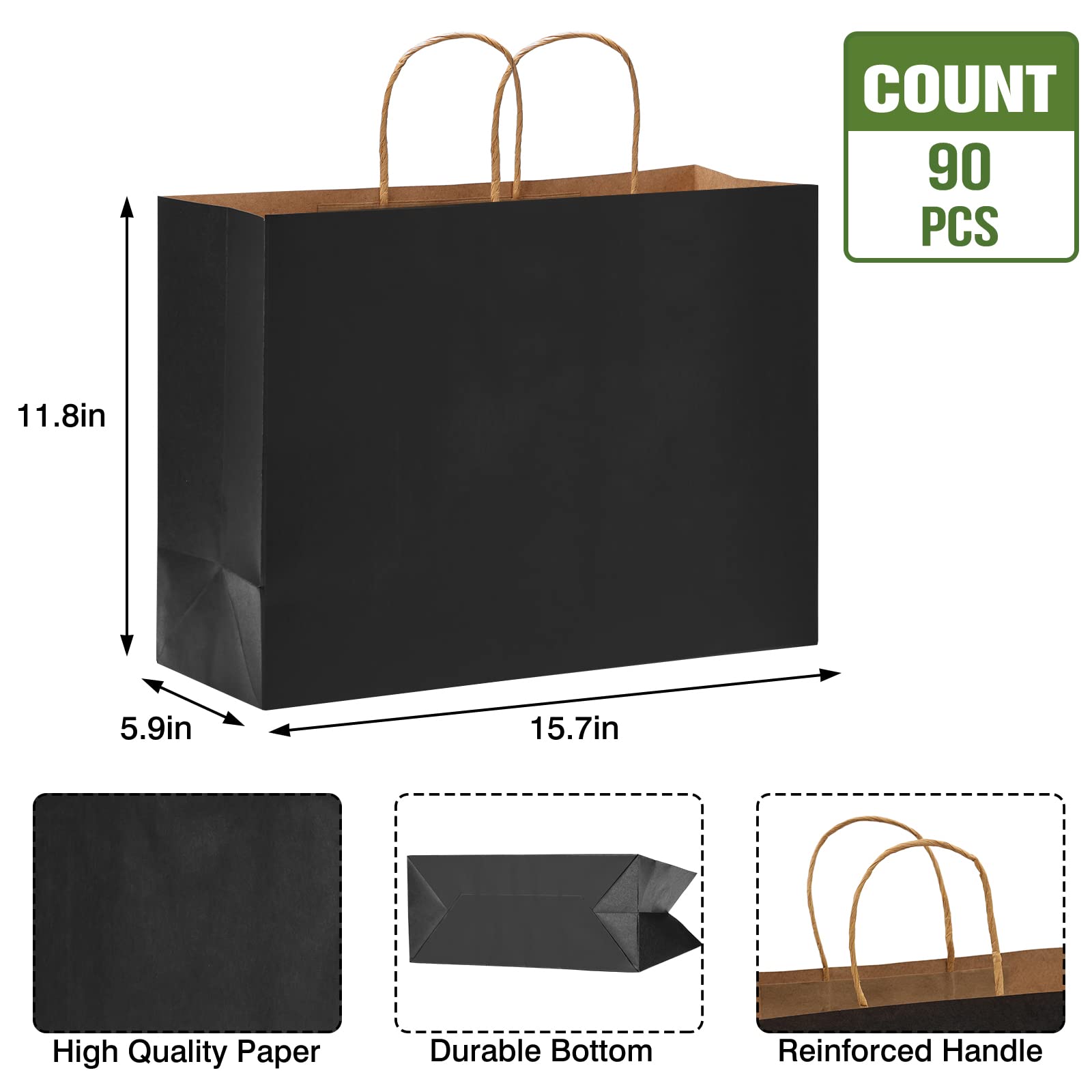 Moretoes 16x6x12 Inch 90pcs Paper Gift Bags Black Kraft Paper Bags with Handles, Large Gift Bags Shopping Bags in Bulk for Boutiques, Grocery, Mechandise, Party, Gifts & Merchandise
