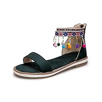 Women's Summer Flat Sandals Bohemia Beaded Zipper Single Band Ankle Strap Round Toe Sandal Blue