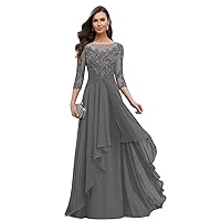 V-Neck Lace Mother of The Bride Dresses with Sleeves Chiffon Wedding Guest Dresses for Women Long Mother of The Groom Dresses