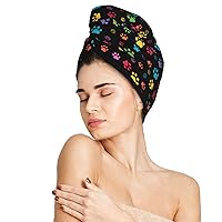 Colorful Paw Pattern Hair Towel Wrap Microfiber Fast Drying Hair Turban with Buttons for Women Girls Drying Curly, Long & Thick Hair