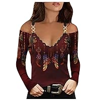 Womens Chain Spaghetti Strap Cold Shoulder Tops Long Sleeve V Neck Lace Blouse Shirts Gradient Printed Casual T Shirts