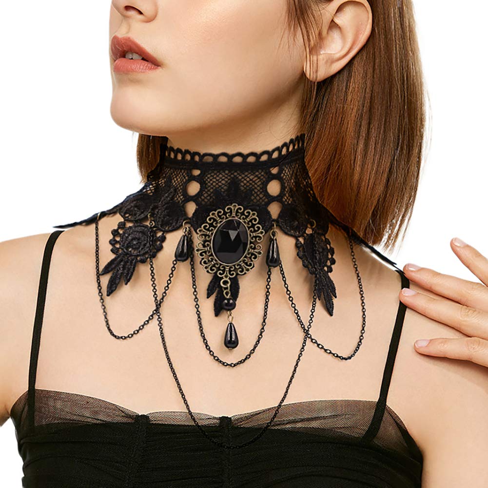 ETERNITY J. Elegant Vintage Princess Black Lace Gothic Statement Necklace Bracelet Victorian Lolita Choker Pendant Vampire Chain