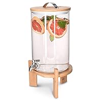 Navaris Beverage Dispenser with Stand - 1.8 Gallon (7L) Glass Drink Dispenser with Spigot, Lid, Wood Stand for Hot or Cold Drinks, Ice Water, Parties