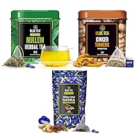 BLUE TEA - Combo - Mullein Tea - 30 TB + Ginger Turmeric Tea - 30 TB + Indian Chai Masala Tea - 60 Plant Based Tea Bags | Herbal Tea - Caffeine-Free - Vegan | All Occasion Gift Ideas