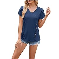 Summer Tops Women Petal Sleeve Casual Tunic Loose Soft V Neck T Shirt Dressy Classy Blouses Holiday Vacation Tee