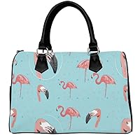 PU Leather Female Women Barrel Type Handbags Top-Handle Bags With Striped Flamingo Print