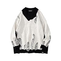 Black White Patchwork Pullovers, Washed Destroyed Ripped Sweater, Men Oversized Harajuku Hole Knit Jumpers