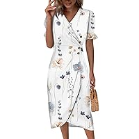 Sundresses for Women 2024 Trendy Solid Color Wrap V Neck Ruffle Dress Summer Hawaiian Short Sleeve Boho Midi Dresses