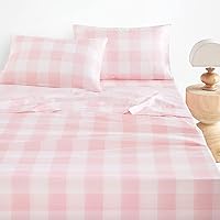 Wake In Cloud - Twin Size Bed Sheets, 4-Piece Fitted Flat Sheet Set, Deep Pocket, Cute Pink Blush White Plaid Buffalo Check Gingham Checker Geometric Aesthetic, Soft Microfiber Kids Bedding