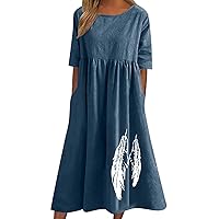 Summer Casual Cotton Linen Dress for Women Feather Print Short Sleeve T Shirts Dress Flowy Pleated Midi Dress with Pockets