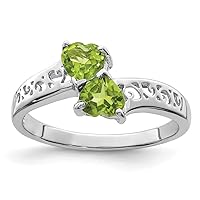 925 Sterling Silver Polished Rhodium Peridot Love Heart Ring Measures 2mm Wide Jewelry for Women - Ring Size Options: 6 7 8