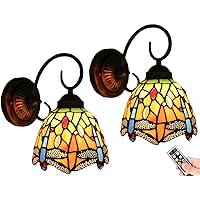 Tiffany Sconces Wall Lighting Battery Operated Wall Lights Set of Two,Not Hardwire Remote Led Dimmable Wall Sconce Indoor Wall Light Fixture Yellow Wall Decor for Bathroom Bedroom Loft Hallway