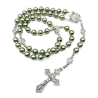 Nazareth Store Green Beads Rosary Necklace Catholic Pearl Beads Rosary with Miraculous Medal and Cross Crucifix