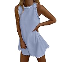 Womens Summer Dresses Cotton and Linen Dress Sleeveless Dress Casual Mini Skirt Printed Loose Beach Dress(Blue,Large)