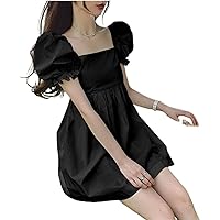 Lolita Gothic Dress Lolita Dress Women's Square Neck Puff Sleeve Dress with Bow Tie French Style Backless (Color : Black, Size : Small)