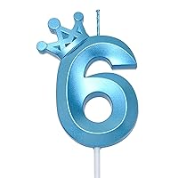 Blue Number 6 Birthday Cake Candle, 3D Shape Crown Birthday Number Candle, 6th ​Birthday Party Blue Theme Cake Topper Decorations (Blue 6)