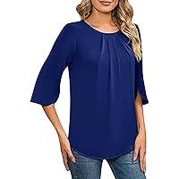Women's Work Blouses Spring and Summer Solid Color Round Neck Three-Quarter Sleeve Pleated Loose Top, S-2XL