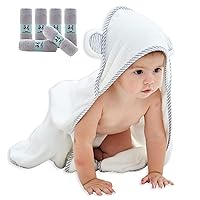 HIPHOP PANDA Baby Washcloths, 6 Pack and Baby Hooded Towel, White, 37.5 x 37.5 Inch