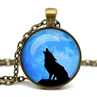 Wolf in the Moon Night Picture Dome Charm with Brass Chain Necklace