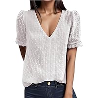 Women's Tummy Control Blouses Tops Eyelet Cute Puff Sleeve Tee Shirts for Evening Wear Retro Cute Trendy Casual Tunic