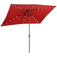 Patio Umbrella and Solar Lights Waterproof Rectangular 6.5 ft. x 10 ft, 26 LED Lights, Push Button Tilt, Crank Outdoor Umbrella for Garden, Deck, Backyard, Pool and Beach in RED