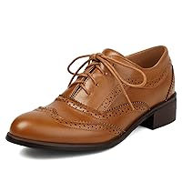 Womens Oxfords Wingtip Low Chunky Heel Leather Round Toe Lace Up Vintage Brogue Oxford Shoes Work Office Casual