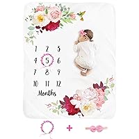 Baby Monthly Milestone Blanket Girl - Floral Newborn Month Blanket Personalized Shower Gift Soft Plush Fleece Photography Background Photo Prop Flower Blanket with Wreath Headband Large 51''x40''