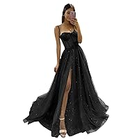 Spaghetti Straps Sparkly Prom Dresses Long Glitter Tulle Sweetheart Formal Evening Dress with Slit