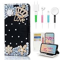 STENES Bling Wallet Phone Case Compatible with Moto G Stylus 5G (2023) Case - Stylish - 3D Handmade Crown Flowers Floral Design Leather Girls Women Cover with Cable Protector [4 Pack] - Black