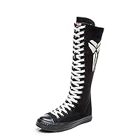 Women's Knee High Boots Lace Up Side Zipper Canvas Tall Calf Shoes Round Toe Llluminated Shoelaces