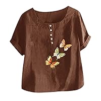 Summer Women Cotton Linen Tshirt Tops Trendy Butterfly Casual Loose Fit Tunic Tee Short Sleeve Plus Size Button Blouse