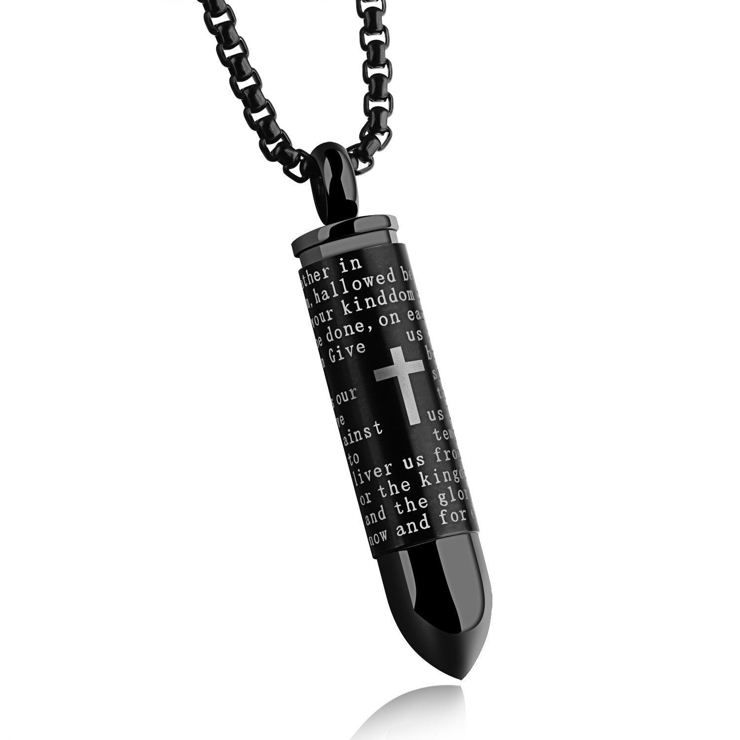 Stainless Steel English Lord's Prayer Cross Detachable Cremation Urn Bullet Pendant Necklace with 22 Inch Chain (Black Gold Silver Blue)