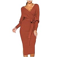 Women's Fashion Knitted Long Sleeve V-Neck Sexy Hip Wrap Warm Long Dress Button Dress