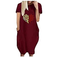 Women's Dresses Printed Crewneck Loose Fit Baggy Knee Length Short Sleeve Midi Dress Shirt Dress Casual Short Dress Mini Dress(1-Wine,8) 0984