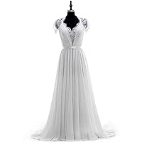 Women's Cap Sleeve A-Line Lace Back Chiffon White Wedding Gowns Bride Dresses