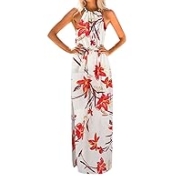 Women's Bohemian Round Neck Trendy Glamorous Print Dress Casual Loose-Fitting Summer Sleeveless Long Flowy Beach Swing Red