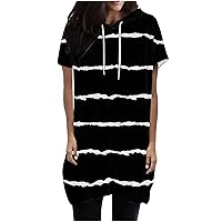 Womens Long Hoodies Summer Spring Casual Drawstring Crewneck Short Sleeve Tops Fashion Print Blouse with Pockets Loose Fitted Basic T Shirts