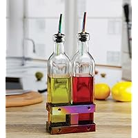 Circleware Living Spaces Collection, Set of 2, Oil and Vinegar Glass Dispensers in Rainbow Metal Caddy, 17oz, Clear