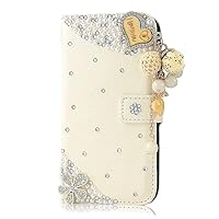 Crystal Wallet Phone Case Compatible with iPhone 13 Pro Max - Heart Pearl Pendant - White - 3D Handmade Sparkly Glitter Bling Leather Cover with Screen Protector [2 Pack]