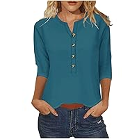 Women's 2024 Summer Henley Shirts V Neck Button Up Tunic Ladies Loose Fit Tops Flowy 3/4 Sleeve Basic Blouse Tops