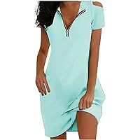 Summer Cold Shoulder Dress for Women Zipper V Neck Short Sleeve Tunic Tshirt Dress Loose Fit Casual Pleated Flowy Mini Dress
