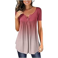 Tops for Women Casual Summer Short Sleeve Womens Tops Short Sleeve Tunic Solid Gradient Hide Belly Henley Tshirt Dressy Casual T Shirt 2023 Summer Blouse Valentines Day Spring Outfit Pink 5X