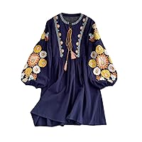 Retro Ethnic Embroidery Cotton Linen Puff Sleeve Loose Skirt Ladies Summer Knee Casual Sexy Mini Group