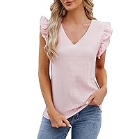 Womens Ruffle Short Sleeve Blouses Casual Tops V-Neck T-Shirt Summer Tee Loose Fit Tunic