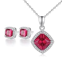 Rhombus Design Ruby/Red Corundum & Zirconia Jewelry Set 925 Sterling Silver Stud Earring + Pendant Necklace