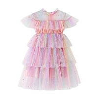 Toddler Girls Fly Sleeve Star Moon Paillette Princess Dress Rainbow Tie Dye Dance Party Solid Dresses for Little