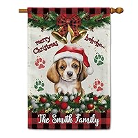 Cute Baby Beagle Dog in Santa Hat House Flag Dog Paws Christmas Decoration Bell Ho Ho Ho Decor Outdoor Yard Banner Custom Name, 28 x 40 Inch Double Side, Style 5